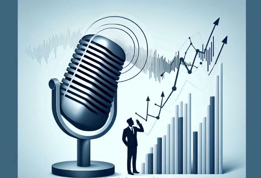 The design features a professional microphone with sound waves morphing into a graph indicating upward growth, symbolizing the link between accent reduction and professional advancement.