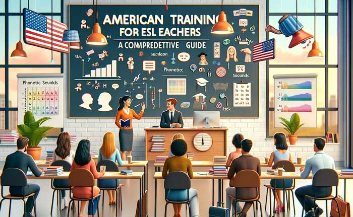 The scene depicts a diverse group of ESL teachers in a classroom environment, engaging in American accent training activities.