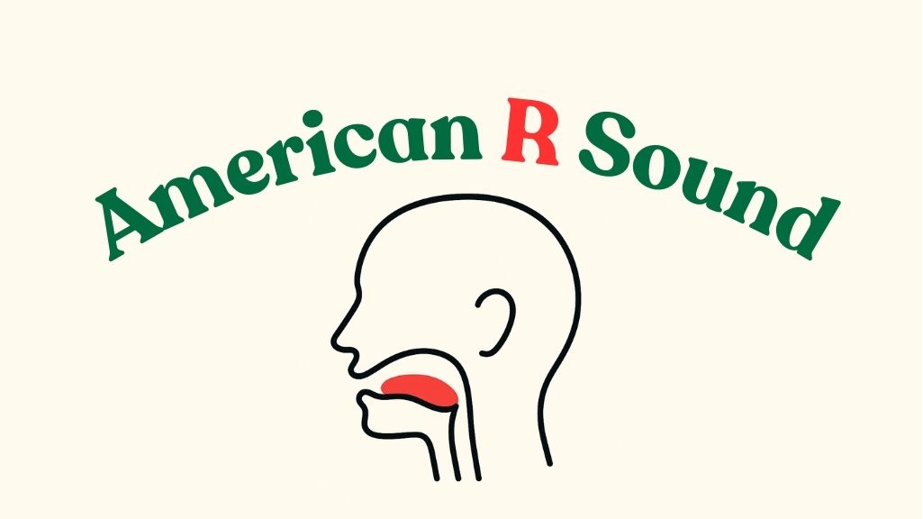 The image highlights the position of the tongue and mouth as the person articulates the American r sound, emphasizing correct pronunciation technique. The background is clean and simple, drawing focus to the speech posture.