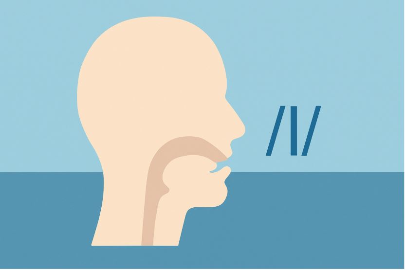 Minimalist side profile of a human head showing tongue placement for the /l/ sound, with airflow path indicated and a blue background.