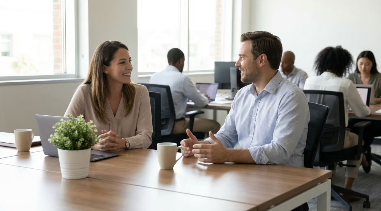 Employee asking a manager for help at work in a professional American office setting.