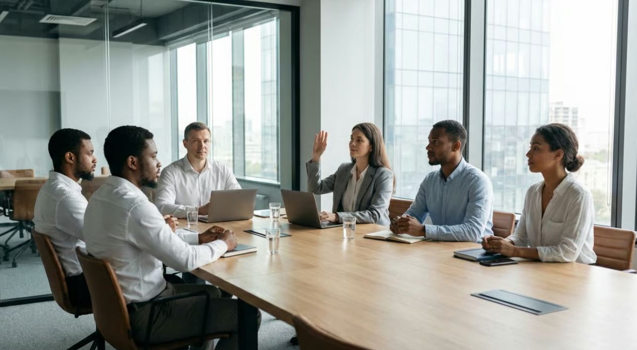 Professional meeting where an employee asks for clarification at work in a calm and respectful way.