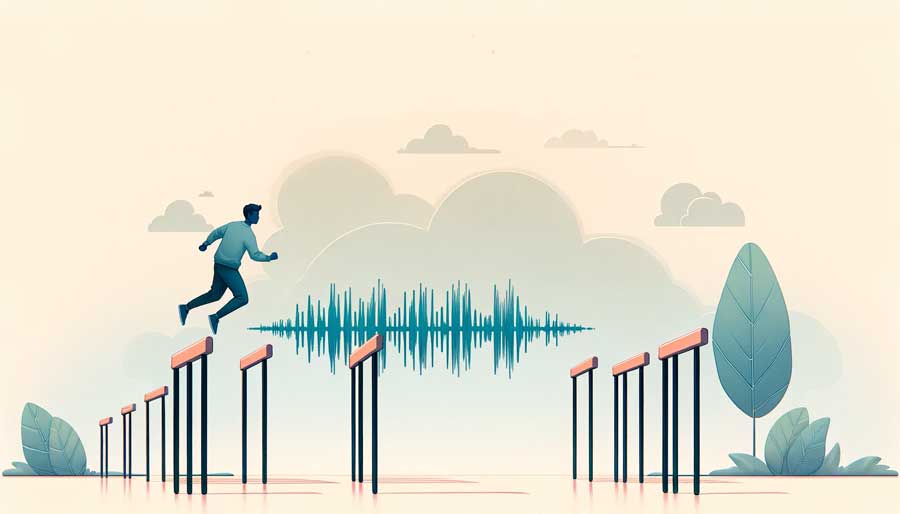 It visually represents the concept of overcoming linguistic challenges, with a simple illustration of a person jumping over a hurdle made of speech waveforms or phonetic symbols for Common Challenges in Accent Reduction Training.