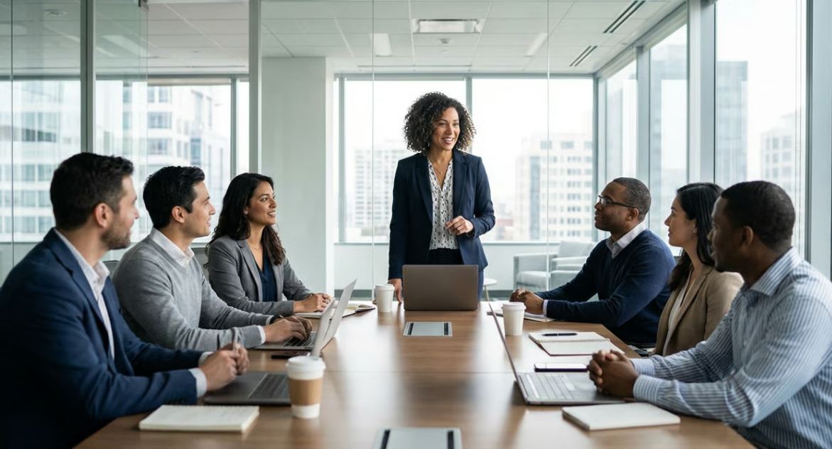 Professional employee introducing herself to a new team in a modern office meeting room during corporate onboarding session.