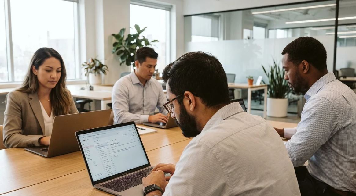 Professional American office scene showing employee reading "just checking in" email on laptop in a modern workplace.