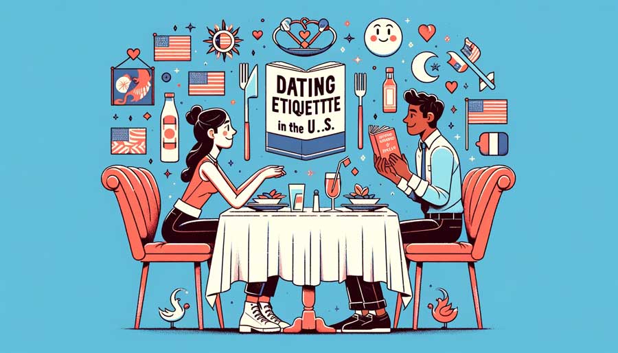 A man and woman engage in a warm, non-verbal exchange over a candlelit dinner, embodying dating etiquette through expressive gestures and attentive listening, encapsulated by love symbols in speech bubbles.