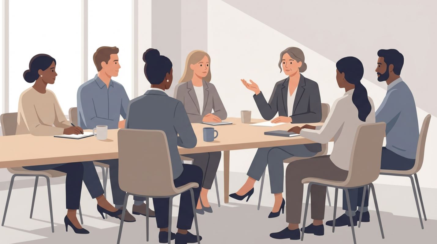 Diverse professionals having a calm business meeting where one person is respectfully sharing a different opinion.