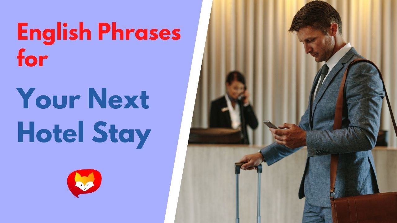 Guest checking into a hotel at the front desk, learning essential English phrases for a smooth hotel stay.