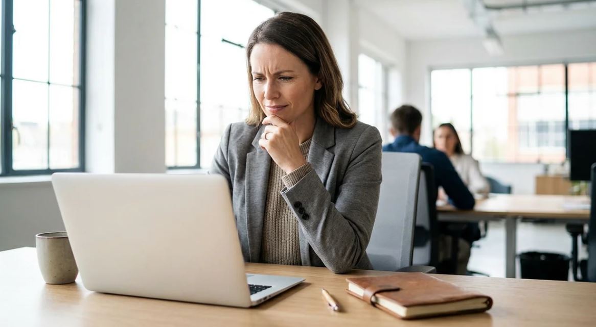 Professional reading email and thinking carefully about information using "I assume" in workplace communication.
