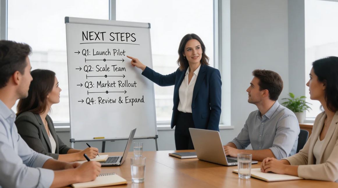 Professional presenting future plan in meeting using "moving forward" concept.