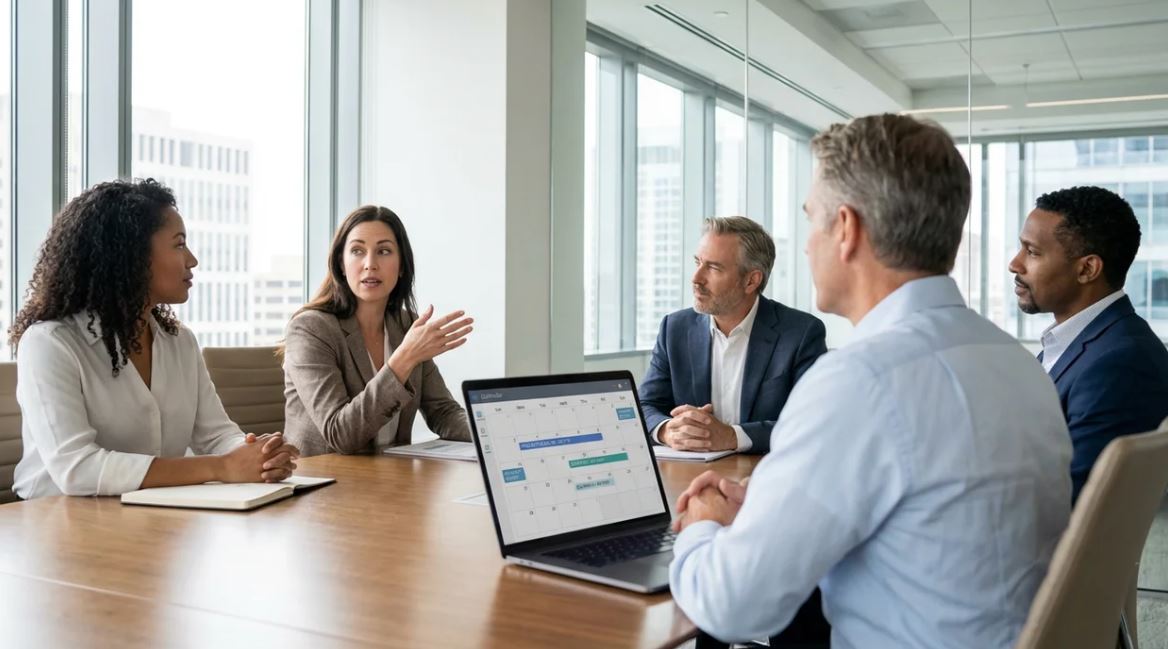 Business professionals discussing project deadlines in a corporate meeting while reviewing timeline on laptop screen.