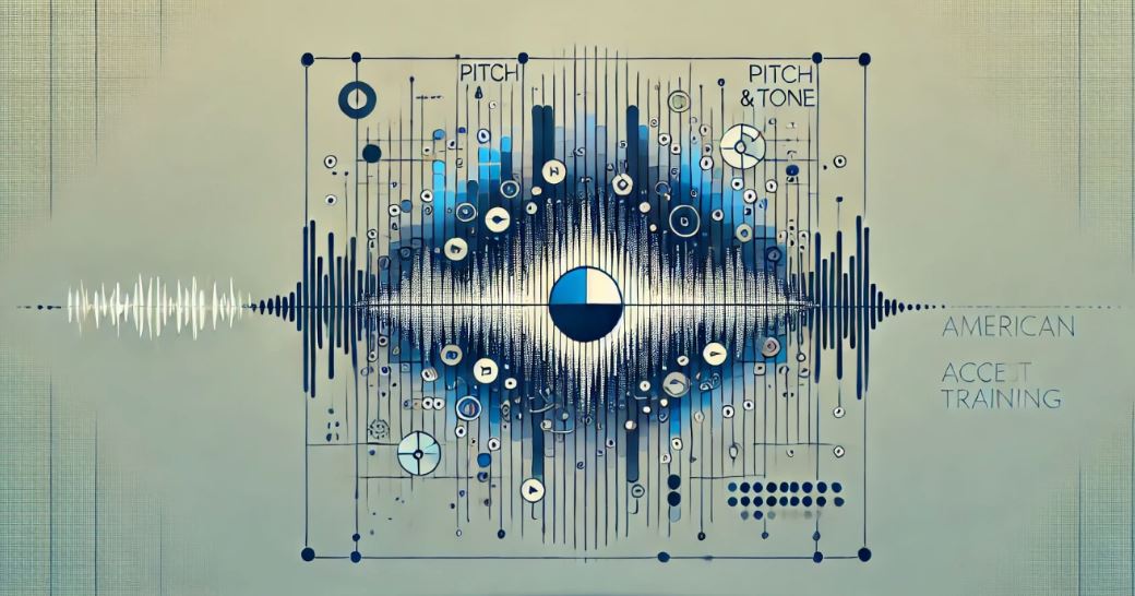 Sleek and modern representation of pitch and tone in American accent training, depicted through abstract waveforms and audio visualizers that showcase the modulation and variation in voice pitch, reflecting the nuanced aspects of speech training.