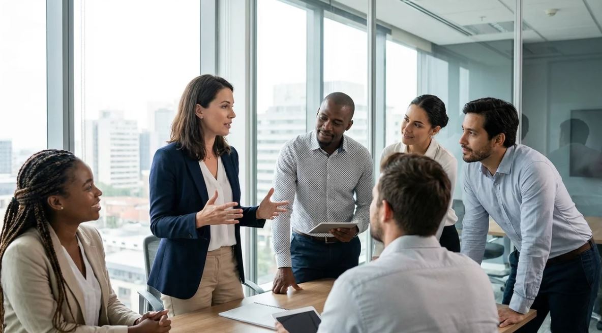 Professional raising hand to interrupt politely in a business meeting discussion.
