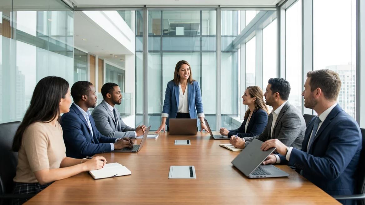 Professional business team concluding a meeting in American office while confirming next steps.