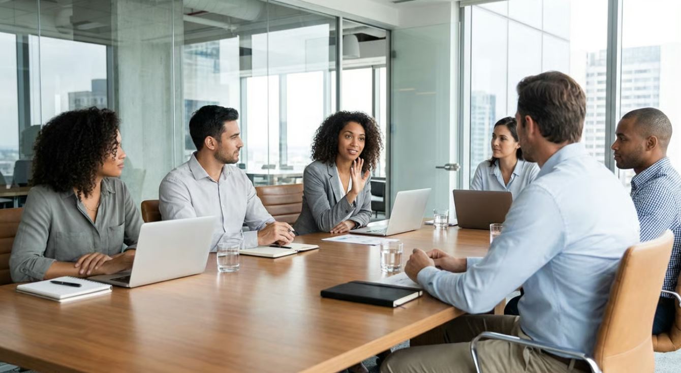 Employee asking someone to repeat at work politely during a team meeting.