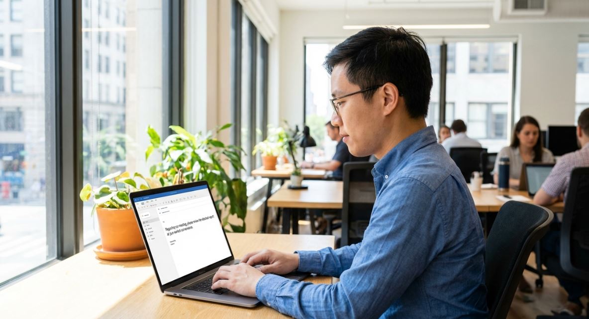 Professional reading formal email with "at your earliest convenience" in modern office.