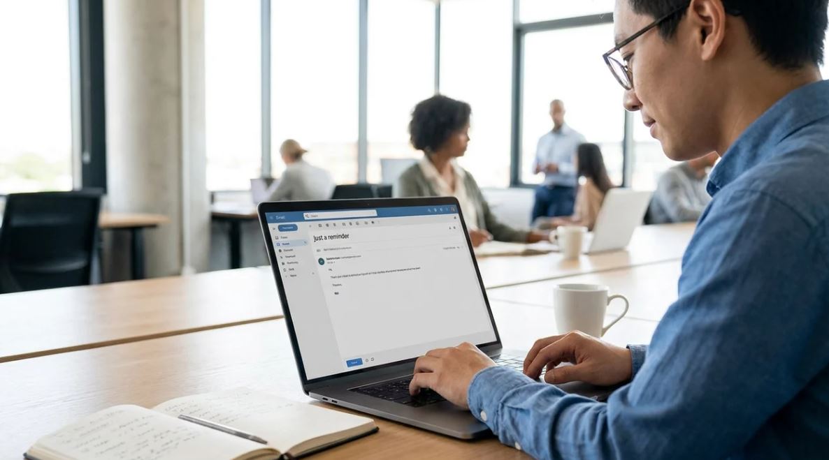 Professional reading "just a reminder" email in modern workplace communication.