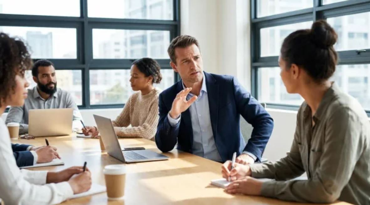 Professional using "just to clarify" in workplace meeting to confirm details.