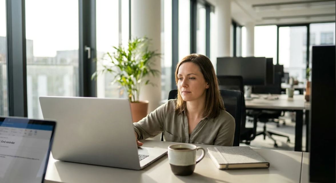 Professional reading "kind reminder" email in workplace communication.