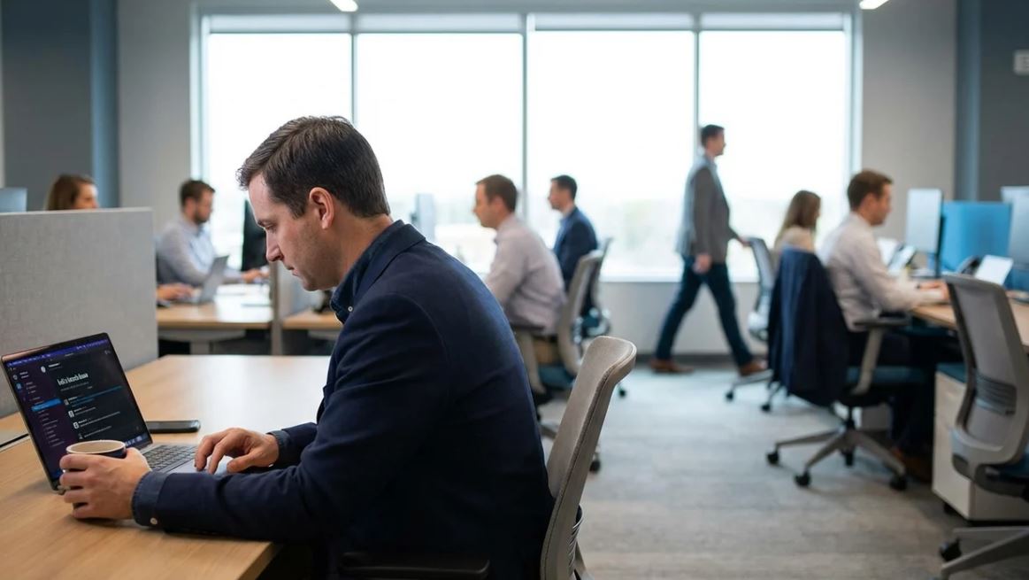 Professional reading "let's touch base" message on laptop in modern American office.