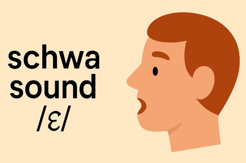 Minimalist digital illustration showing the phrase "schwa sound /ə/" in bold black text on a beige background, next to a simple side profile of a human face with lips parted, visually representing the articulation of the schwa sound.