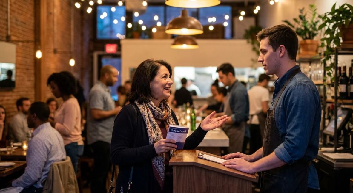 English learner talking to a restaurant host while getting a table at an American restaurant in the United States.