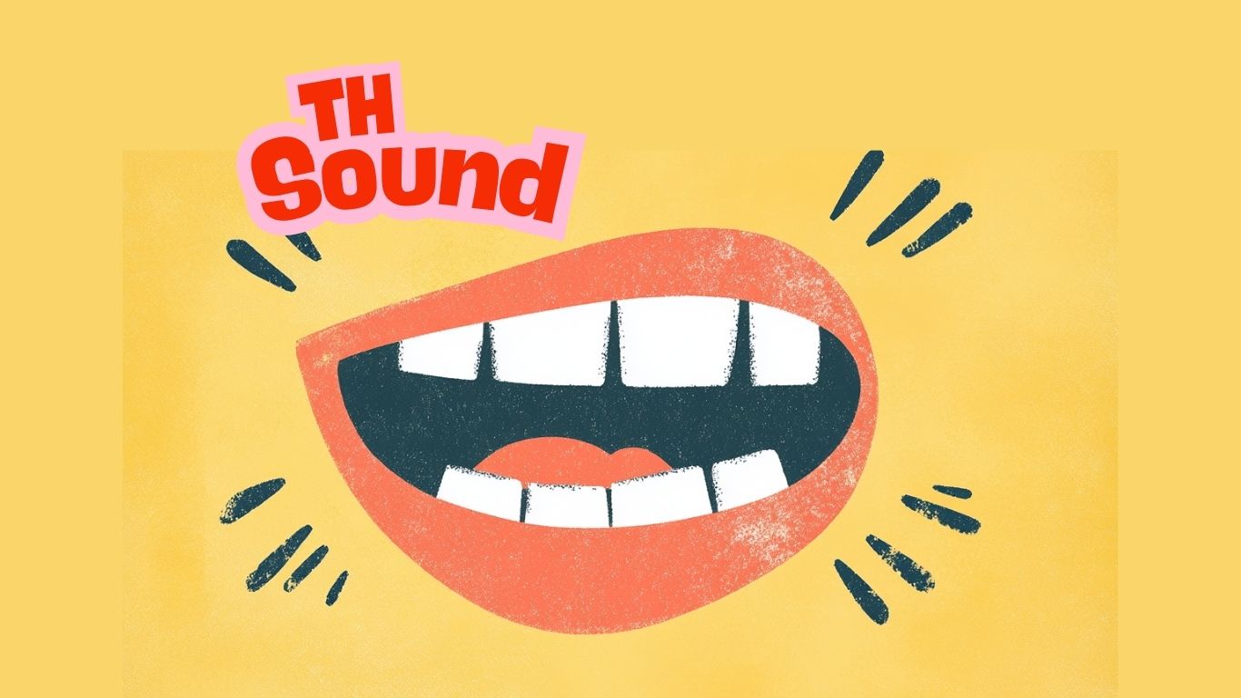An illustrated close-up of a mouth pronouncing the /θ/ sound, with the tongue placed gently between the upper and lower teeth and lips relaxed—demonstrating the correct tongue position for "think."